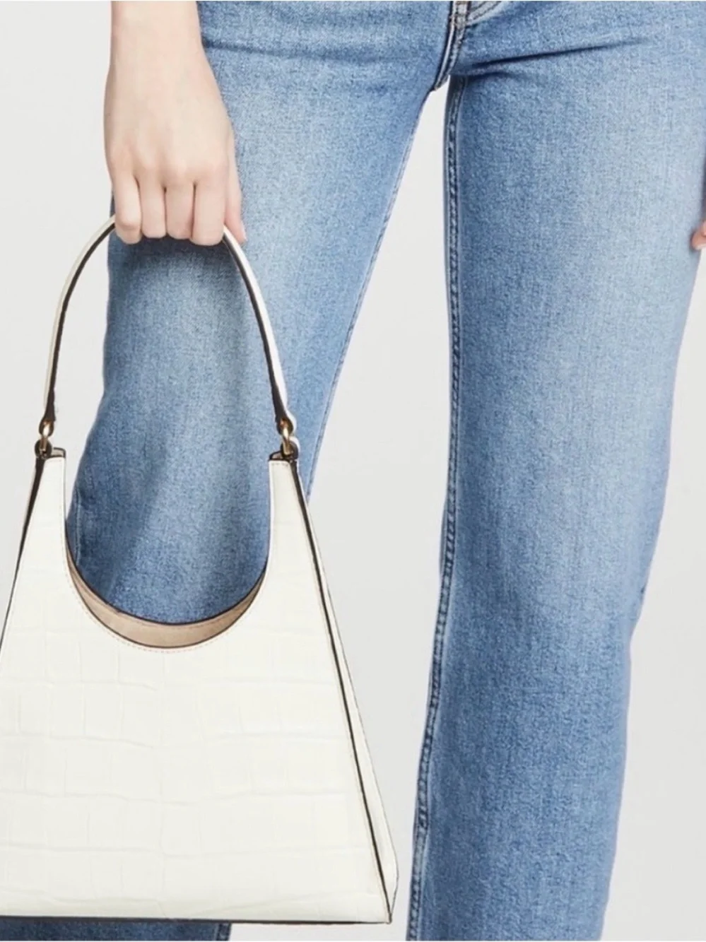 STAUD Cream Rey Croc Leather Shoulder Bag